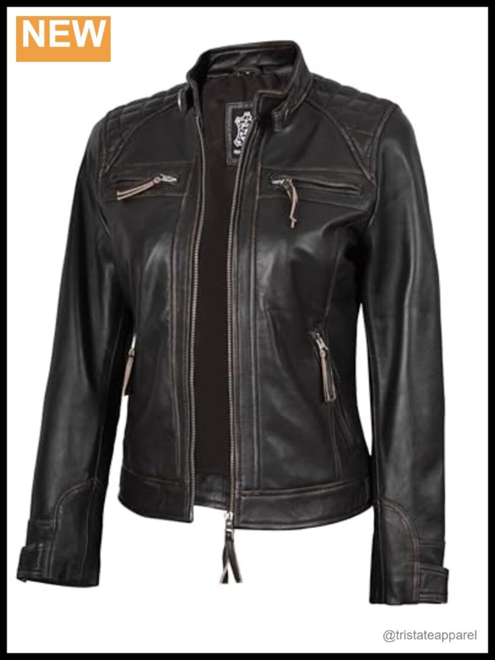 Womens Real Lambskin Leather Moto Jacket Quilted Cafe Racer Zip Up